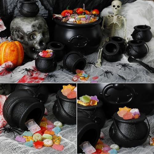 Assorted Size Black Candy Cauldron Set - 8 Mini & 1 Large Halloween Buckets with Handles