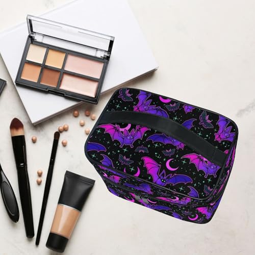 Skulls Purple Bat Gothic Makeup Bag - Large Travel Cosmetic Organizer for Women & Teens