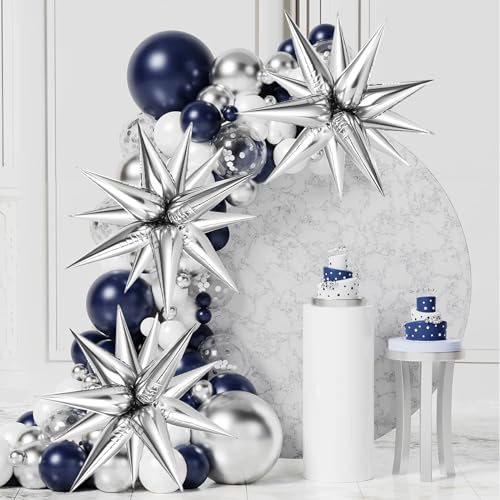 Silver Star Foil Balloons Set - Explosion 12-Point Cone Balloons for Wedding & Party Decor - Variation: Silver Star Cones