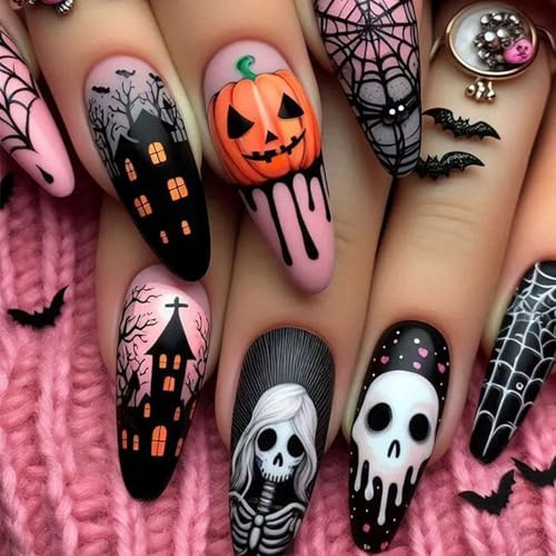 Halloween 36 Press-On Nails Spider Web Skeleton Skull Medium Almond Fake Nails Set - Pink