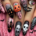 Halloween 36 Press-On Nails Spider Web Skeleton Skull Medium Almond Fake Nails Set - Pink