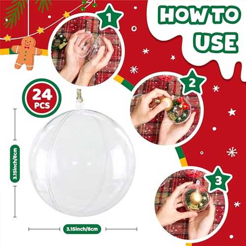 24 Clear Plastic Fillable Christmas Ornaments 3.15 Inch for DIY Crafts & Decorations