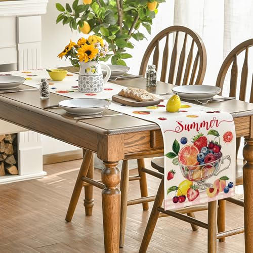 Seasonal Table Runner 13x90 Inch - Beige & Pink Fruits Pattern for Dining & Home Decor