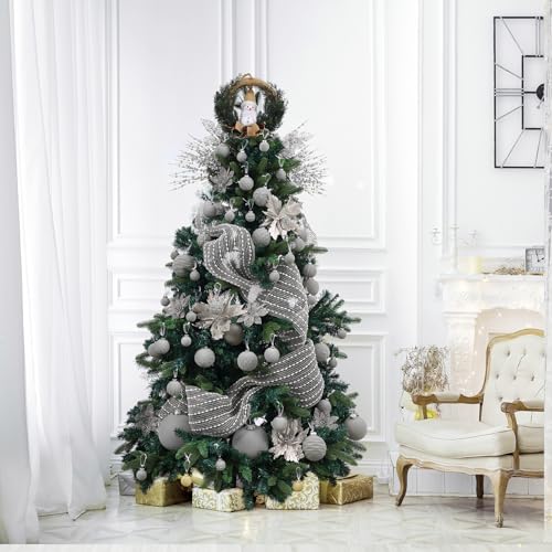 Christmas Tree Ornaments Set - Silver Artificial Flowers & Berry Stems, 24 Pack