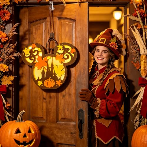 Fall Pumpkin Door Decor with Light - Halloween & Thanksgiving Wooden Sign