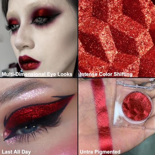 Red Glitter Eyeshadow Palette - True Red #R1, Multi-Dimensional Chrome & Holographic Shimmers, Long-Lasting Waterproof Makeup