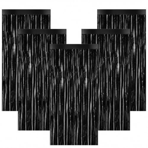 Black Fringe Curtain - 5 Pack Tinsel Foil Backdrop for Party Decorations