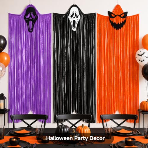 G2PLUS Halloween Hanging Ghost Decorations Set - Black, Orange, Purple, 3 Pack, 6 Ft Foil Fringe Ghosts for Indoor & Outdoor Decor