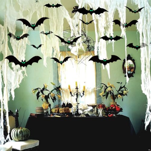 15 PCS Halloween Hanging Bat Decorations Outdoor with Glowing Eyes - Spooky Yard Decor