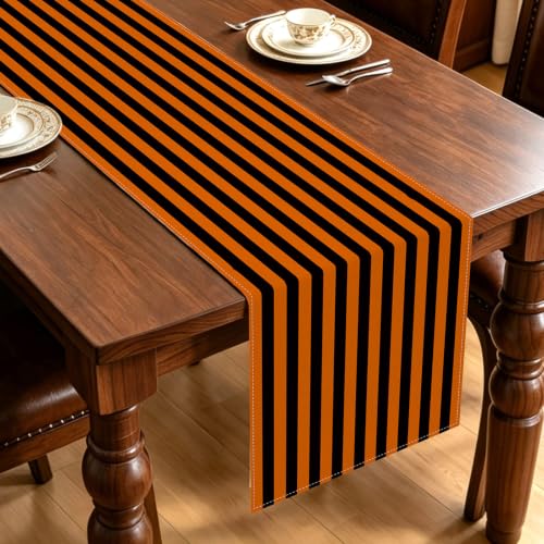 Halloween Orange Black Striped Table Runner - 13 x 72 Inches, Fall Carnival Decor