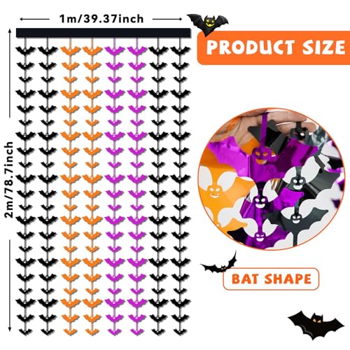 Halloween Foil Fringe Curtains 3 Pack Bats Tinsel Backdrop Party Decor - Purple, Orange, Black