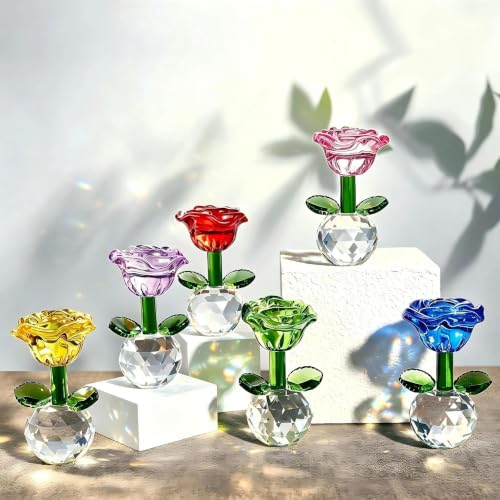Glass Flower Figurines Set - Colorful Crystal Roses, 6 Pieces, Mix
