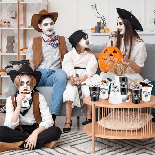 Potchen Halloween Party Disposable Plastic Cups 16oz Black & White Spider Variation of 60 Pcs