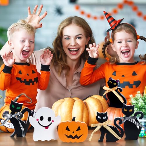 Halloween Wooden Centerpiece Sign Set - Ghost Pumpkin Cat - Indoor Decor