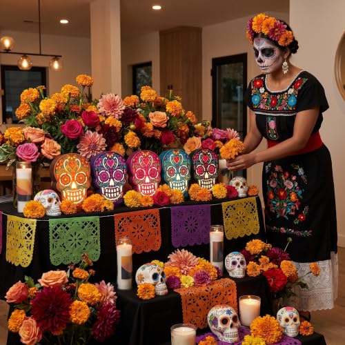 Day of The Dead Skeleton Table Decor - Lighted Sugar Skull Set of 5 - Halloween & Party Accent