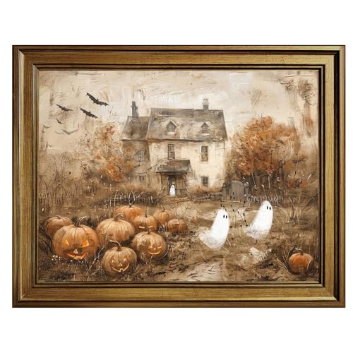 Haunted Halloween Ghosts and Pumpkin Farmhouse Canvas Wall Art - 8x10 Inch Style-4
