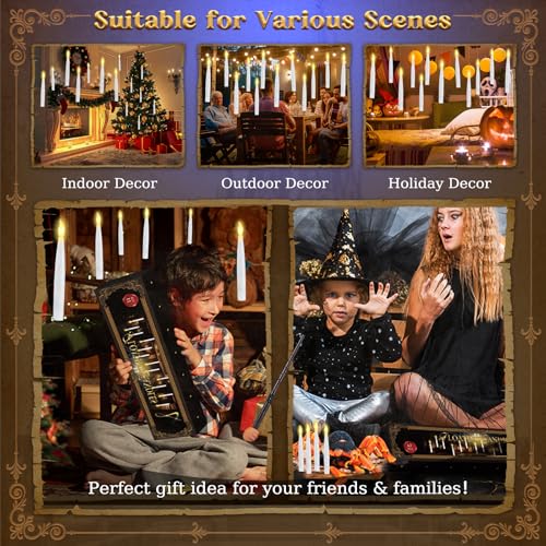 Floating LED Candles with Wand & Clips - Flameless Magic Hanging Decor, 12 Pack