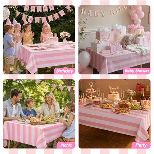 Pink and White Striped Tablecloths 54x108 Inches - 3 Pack, Waterproof & Disposable, Vertical Pink Stripe