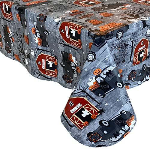 Haunted Farm Rectangular Vinyl Tablecloth 84x60 Inches with Flannel Backing - Spooky Ghosts and Pumpkin Scene