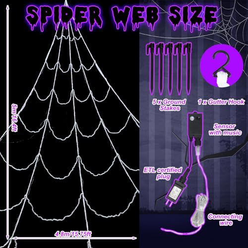 17FT Spider Web Halloween Decoration with Motion-Activated Purple LED Lights