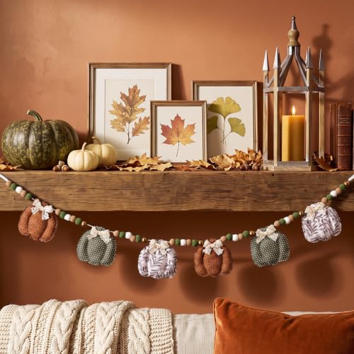 Fall Fabric Pumpkin Garland 8.2 ft - Orange, Green & Beige with Lace Bows