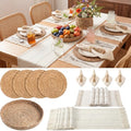 White Kitchen Decor Set with Round & Rectangular Woven Placements, Napkin Rings, Cloth Napkins, Table Runner & Storage Basket - 12x72'' Variation of THIS listing