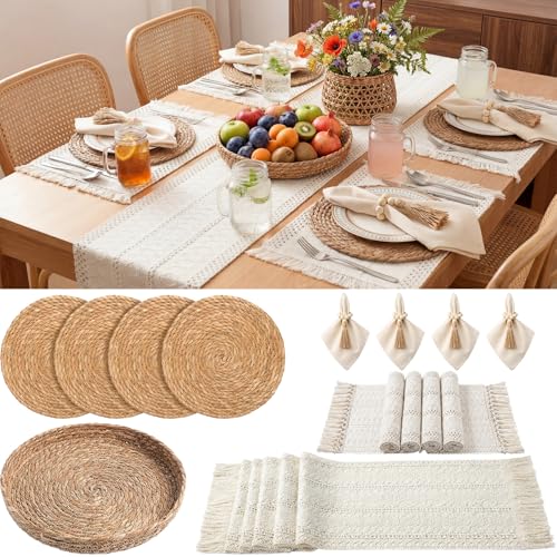 White Kitchen Decor Set with Round & Rectangular Woven Placements, Napkin Rings, Cloth Napkins, Table Runner & Storage Basket - 12x72'' Variation of THIS listing