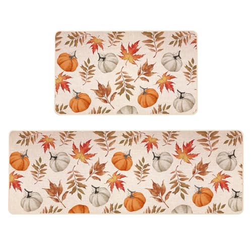 Fall Kitchen Mat Set of 2 - 17x29 & 17x47 Inches, Multi Color Autumn Decor