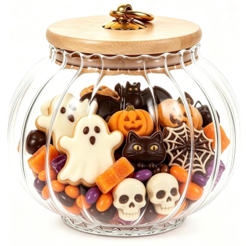 Halloween Pumpkin Jar with Lid - Airtight Glass Candy Canister for Party Decor