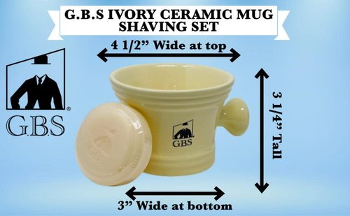 G.B.S Heavy Duty Ceramic Shaving Set – Ivory Mug with Knob Handle, Faux Ivory Handle Brush, 3 oz Natural Long-Lasting Lather Soap – Classic Wet Shaving Kit for Men