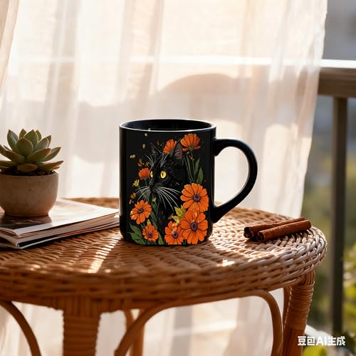 Mystical Black Cat Mug with Orange Daisy Flowers - 11oz Ceramic Coffee Cup - Variation 08