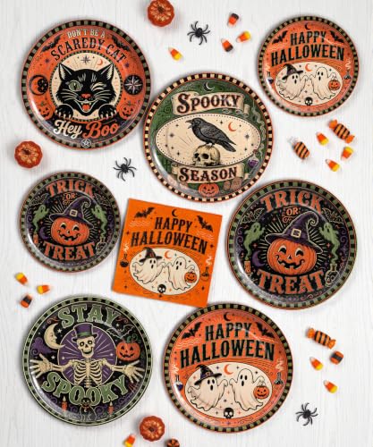 Heavy-duty Halloween Paper Plate & Napkin Set - Black Orange Mix, Round 9in & 7in, Disposable Party Supplies with Spooky Gothic Design