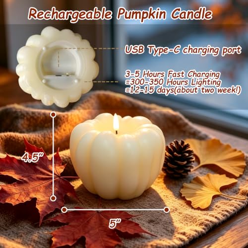 Rechargeable Flameless Pumpkin Candle - 300 Hour Flickering Fall Decor - White, 1 PC