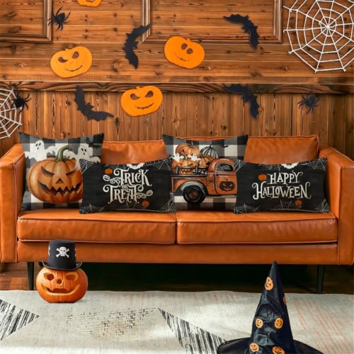 20x12 Inch Halloween Throw Pillow Covers Set of 4 Spooky Bat Spider Web Pumpkin Decor