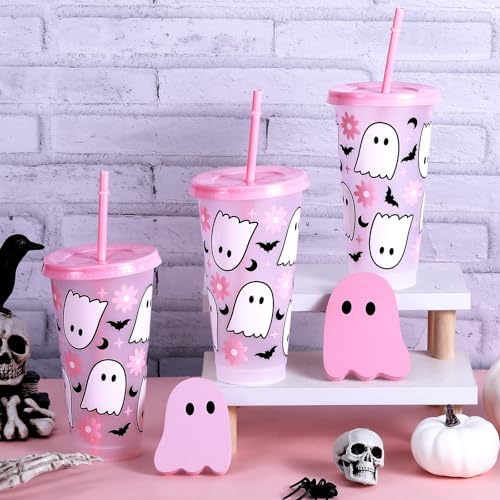 Pink Ghost Halloween Cups with Lids & Straws, 24 oz - 12 Pack - Variation of THIS listing