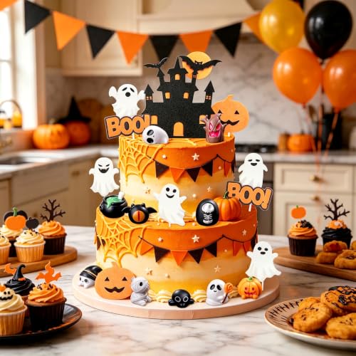 Yellow Ghost Cake Topper Halloween Decorations Set - Spooky Party Supplies