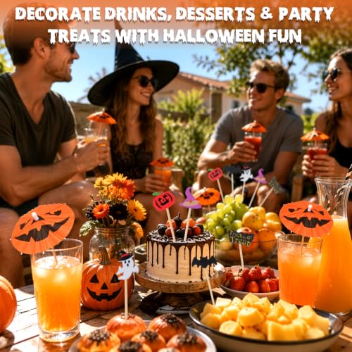 Summer Halloween Party Decorations Set with 100 Drink Umbrellas & 100 Cocktail Picks - 5 Designs for Cocktails, Cupcakes & Snacks