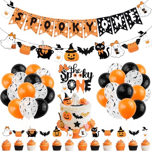 Halloween First Birthday Banner & Ghost Cake Topper Set - Spooky Party Decorations