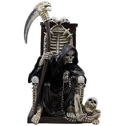 Spooky Grim Reaper Sitting on Bone Throne Halloween Decor Statue, Gothic Horror Gift