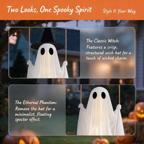 5 FT Hanging Ghost Halloween Decor with Witch Hat, LED Lights & Remote, Outdoor Indoor Yard Tree Porch Ornament - 1pc