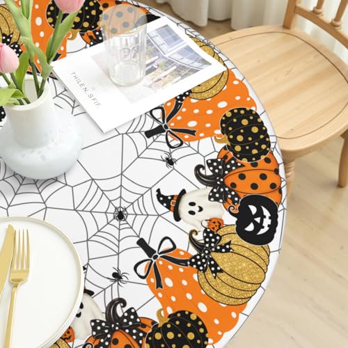 Halloween Round Fitted Tablecloth with Elastic - White & Gold Pumpkin Pattern, 43 Inch
