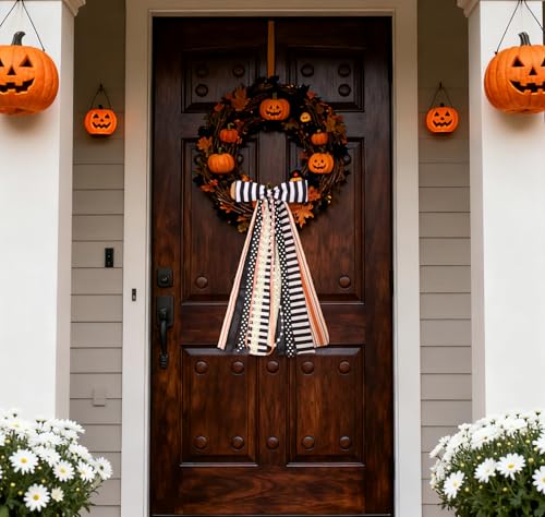 Halloween Black Stripes Wreath Bow with Orange Lace Ribbon Bows for Front Door - Variation B