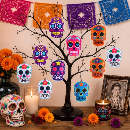 12 Pack Felt Dia De Los Muertos Skull Ornaments for Tree Decoration