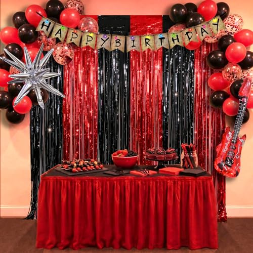 Red Black Party Streamers Backdrop - 2 Pack Fringe Curtains for Stranger & Halloween Parties
