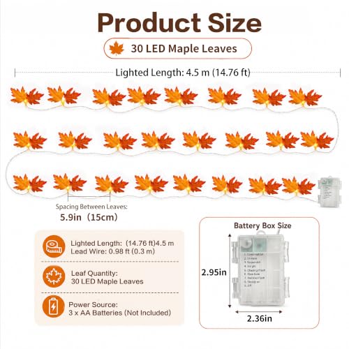 Fall Maple Leaf String Lights - 14.7 ft Battery-Powered LED Decor