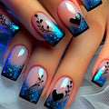 Press On Nails Short Square Gradient Glitter Heart Design with Glue & Tools - 24Pcs