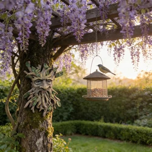 Whimsical Tree Face Garden Decoration - Outdoor Wall Mount Sculpture with Leaf Features