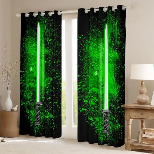 Kids & Teens Light-Up Lightsaber Curtain Set - Green 52x84 Inch Blackout Window Decor