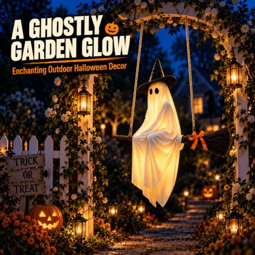 5FT Flying Ghost Witch Halloween Decoration with Light-Up Broomstick & Hat