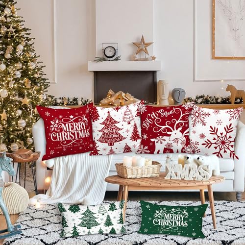 Christmas Pillow Covers Set of 4 22x22 Inches - Red & White Snowflake Decorative Cushion Covers for Sofa, Bed, Home Winter Decor Variation of Red / 22" x 22"
